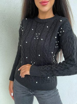 Жіночий светер з перлинами, з круглою горловиню чорний, білий марг1 фото